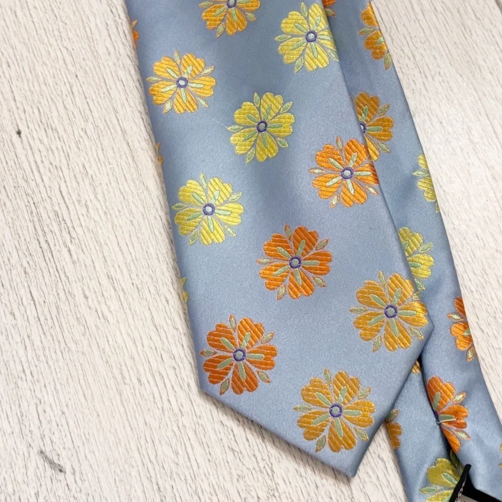 TATTERSALL LONDON Men’s Blue Orange Yellow Novelty 100% Silk Floral Tie 61”